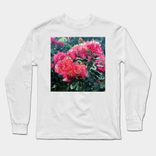 Red flower blossoms amid lush green foliage Long Sleeve T-Shirt